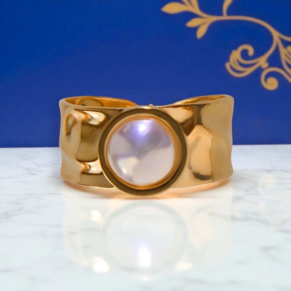 🆕 Celestial Statement Ring 18K Gold Plated Adjustable with Faux Pearl Glow - Picture 10 of 12